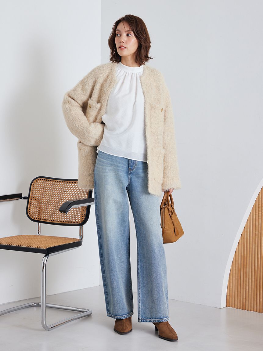 Mila Owen「金釦ラメシャギーツイードニットジャケット」|ノーカラージャケット|