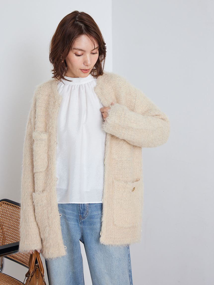 Mila Owen「金釦ラメシャギーツイードニットジャケット」|ノーカラージャケット|