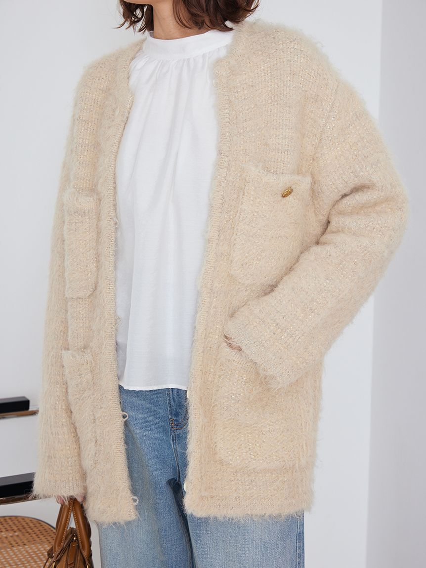 Mila Owen「金釦ラメシャギーツイードニットジャケット」|ノーカラージャケット|