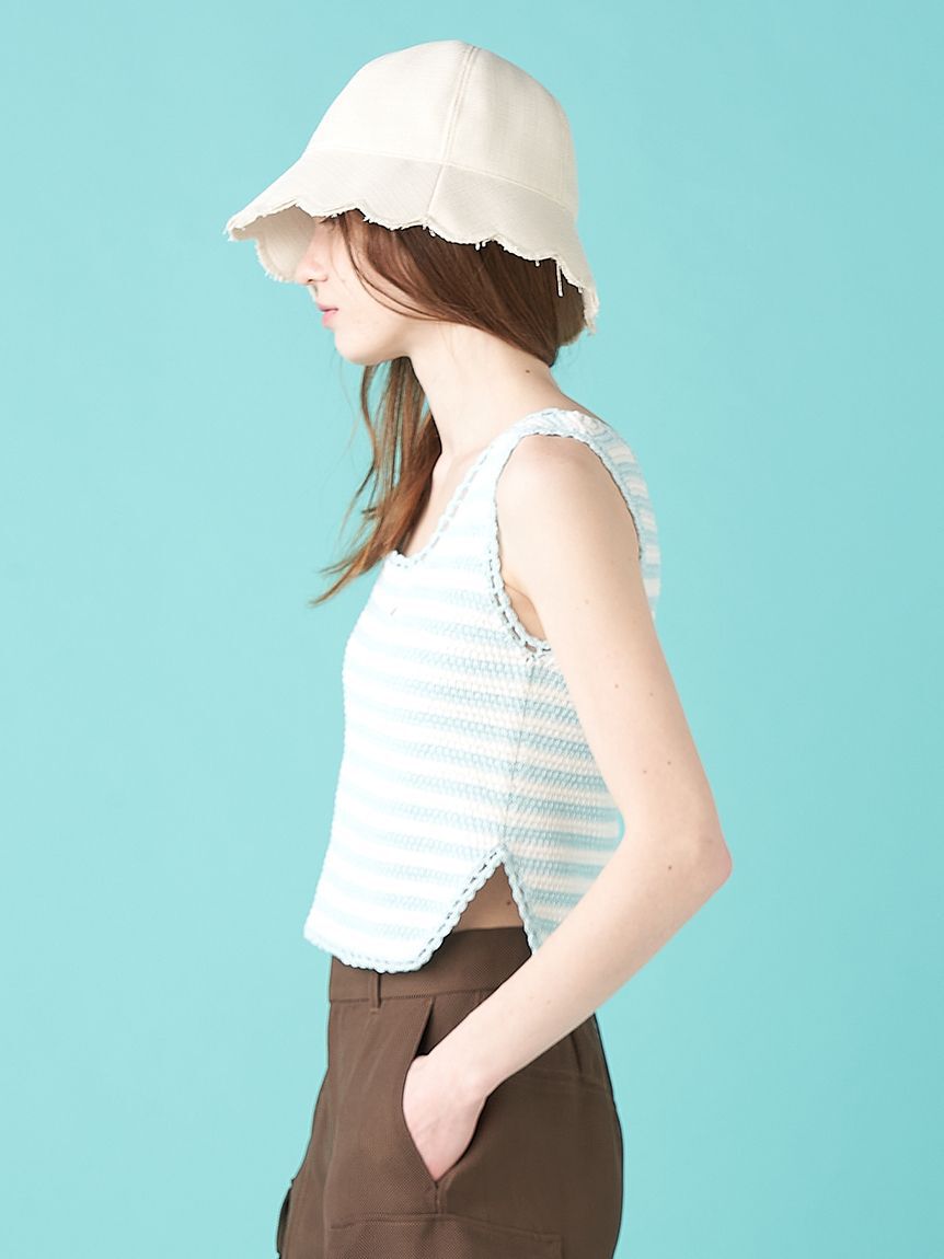 FURFUR「リボン刺繍ノースリーブボーダーニットトップス」|ニット・セーター|