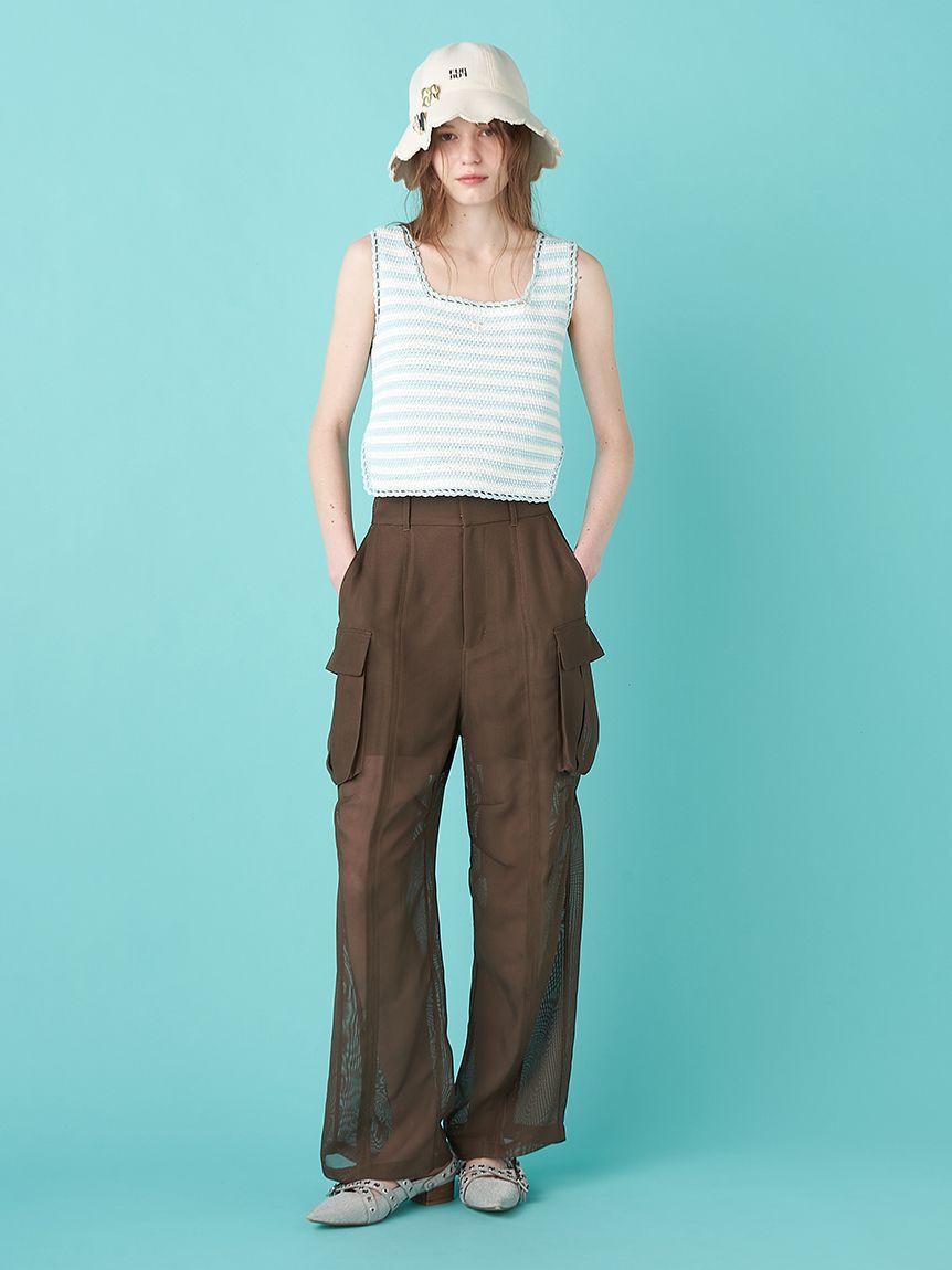 FURFUR「リボン刺繍ノースリーブボーダーニットトップス」|ニット・セーター|