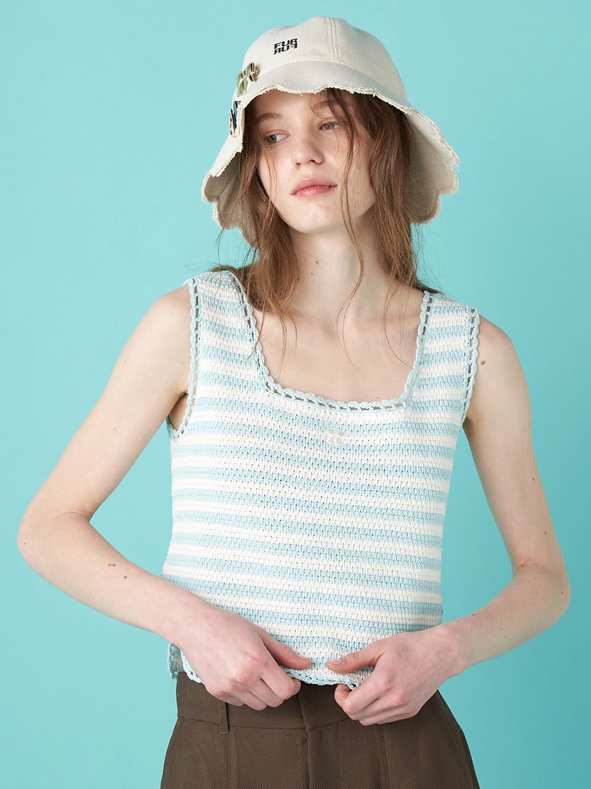 FURFUR「リボン刺繍ノースリーブボーダーニットトップス」|ニット・セーター|