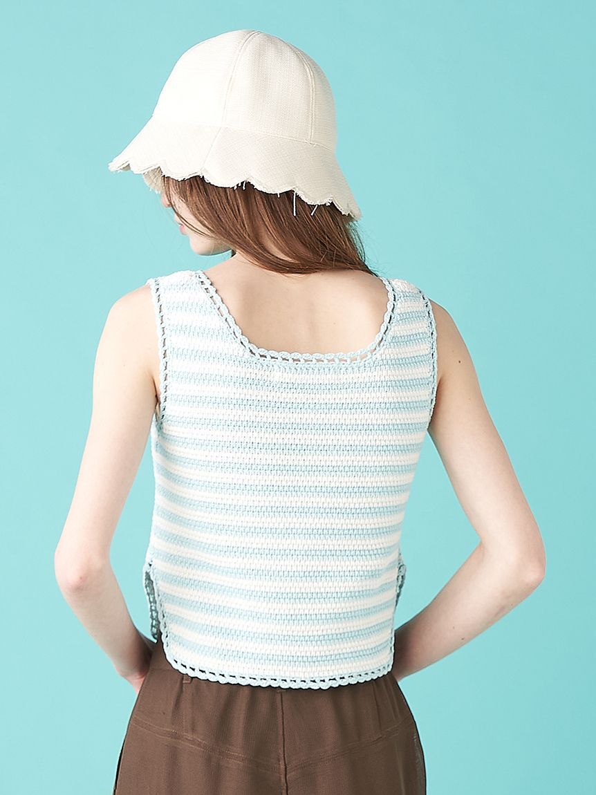 FURFUR「リボン刺繍ノースリーブボーダーニットトップス」|ニット・セーター|