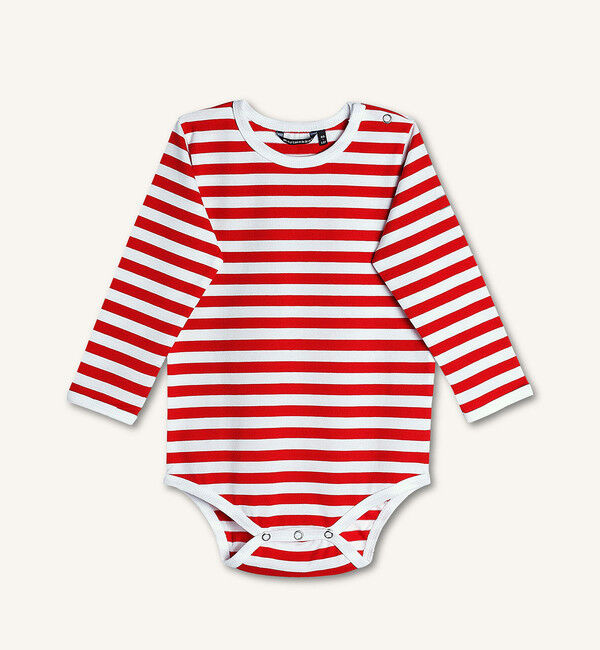 Marimekko「[Kids] Vinde Tasaraita 長袖ロンパース」|ロンパース|レッド&times;ホワイト