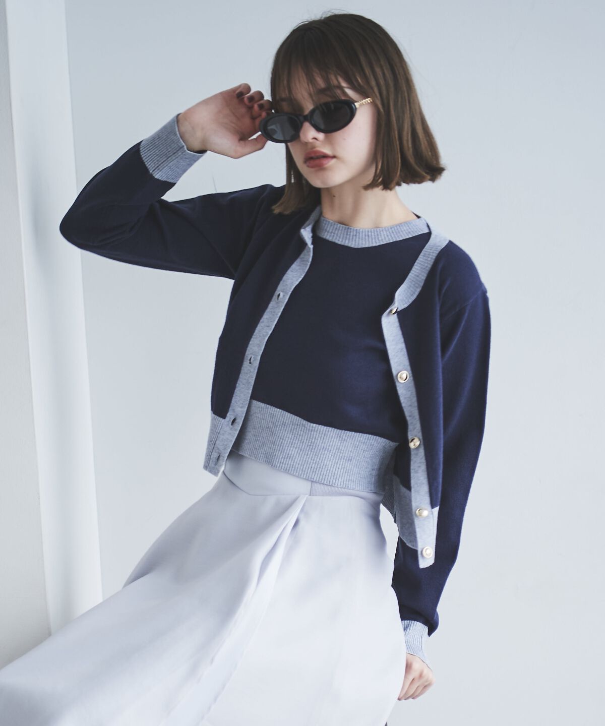 アンドクチュール「配色ニットアンサンブル」|カーディガン|ネイビー