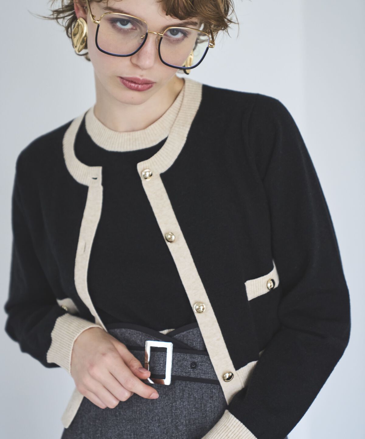 アンドクチュール「配色ニットアンサンブル」|カーディガン|ブラック