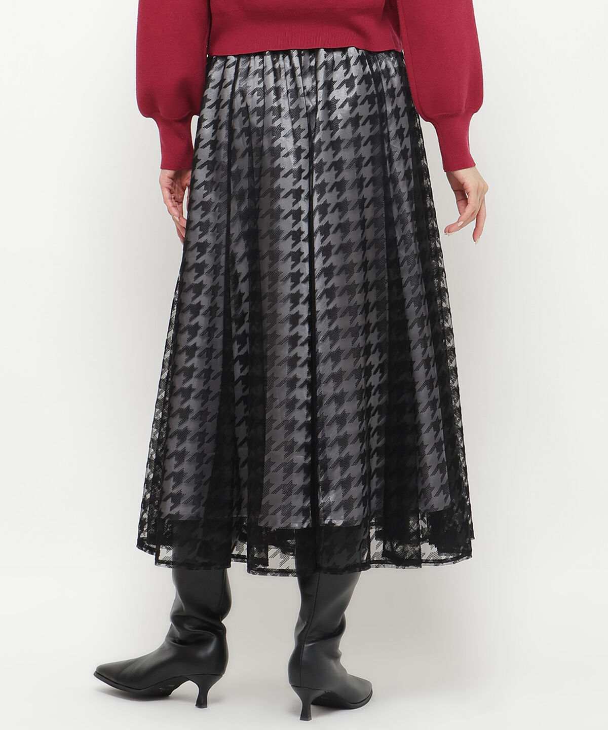 アンドクチュール「ウエストリブチュール千鳥フロッキーロングスカート」|フレア|