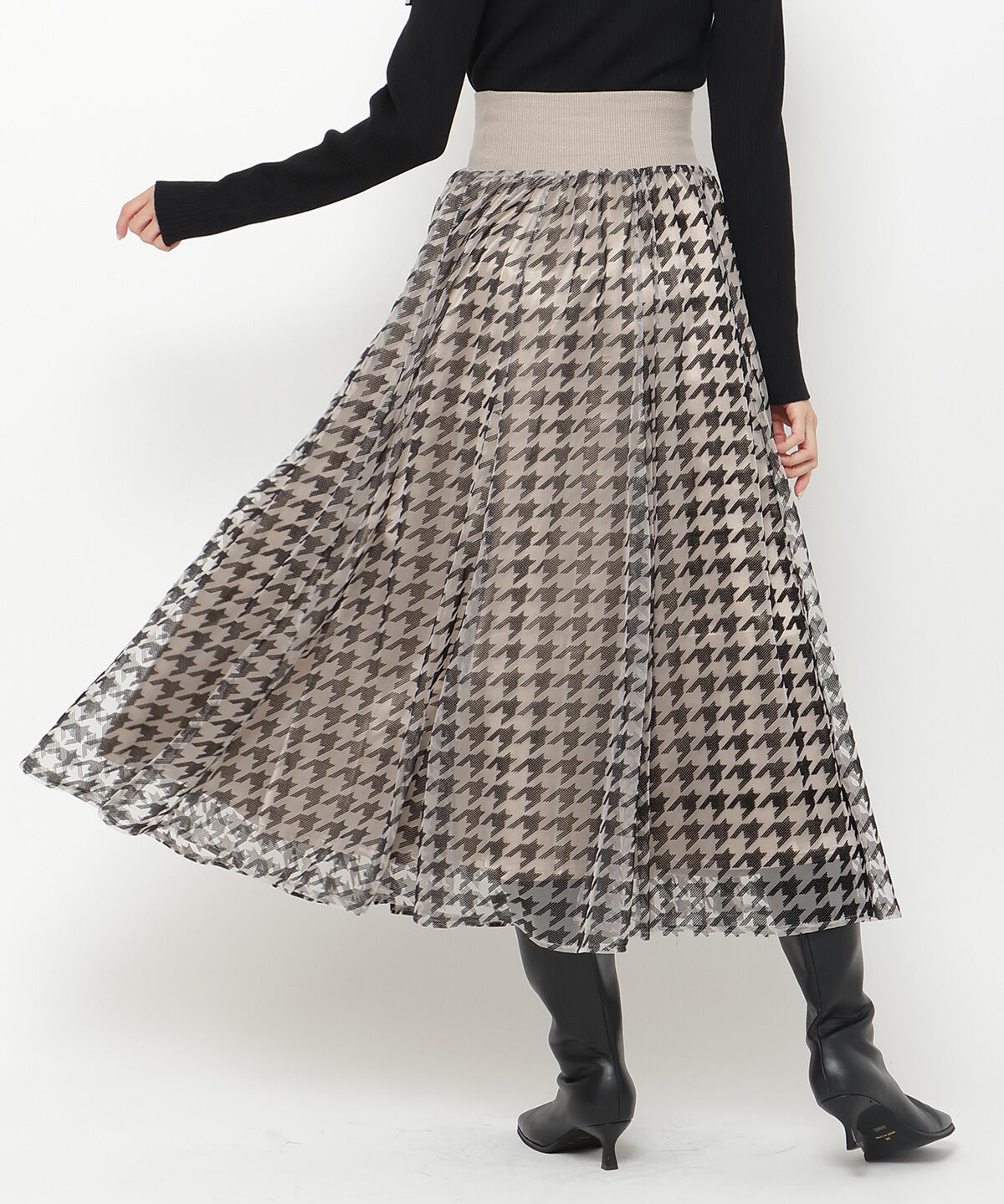 アンドクチュール「ウエストリブチュール千鳥フロッキーロングスカート」|フレア|