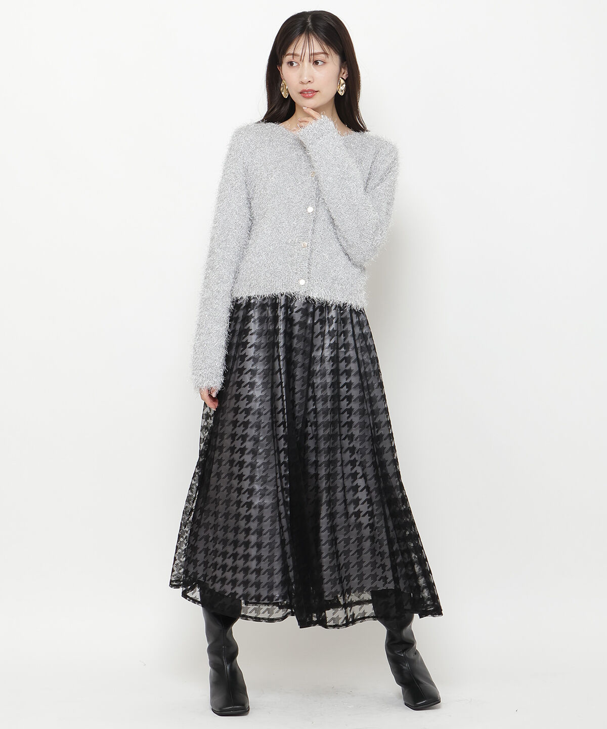 アンドクチュール「ウエストリブチュール千鳥フロッキーロングスカート」|フレア|