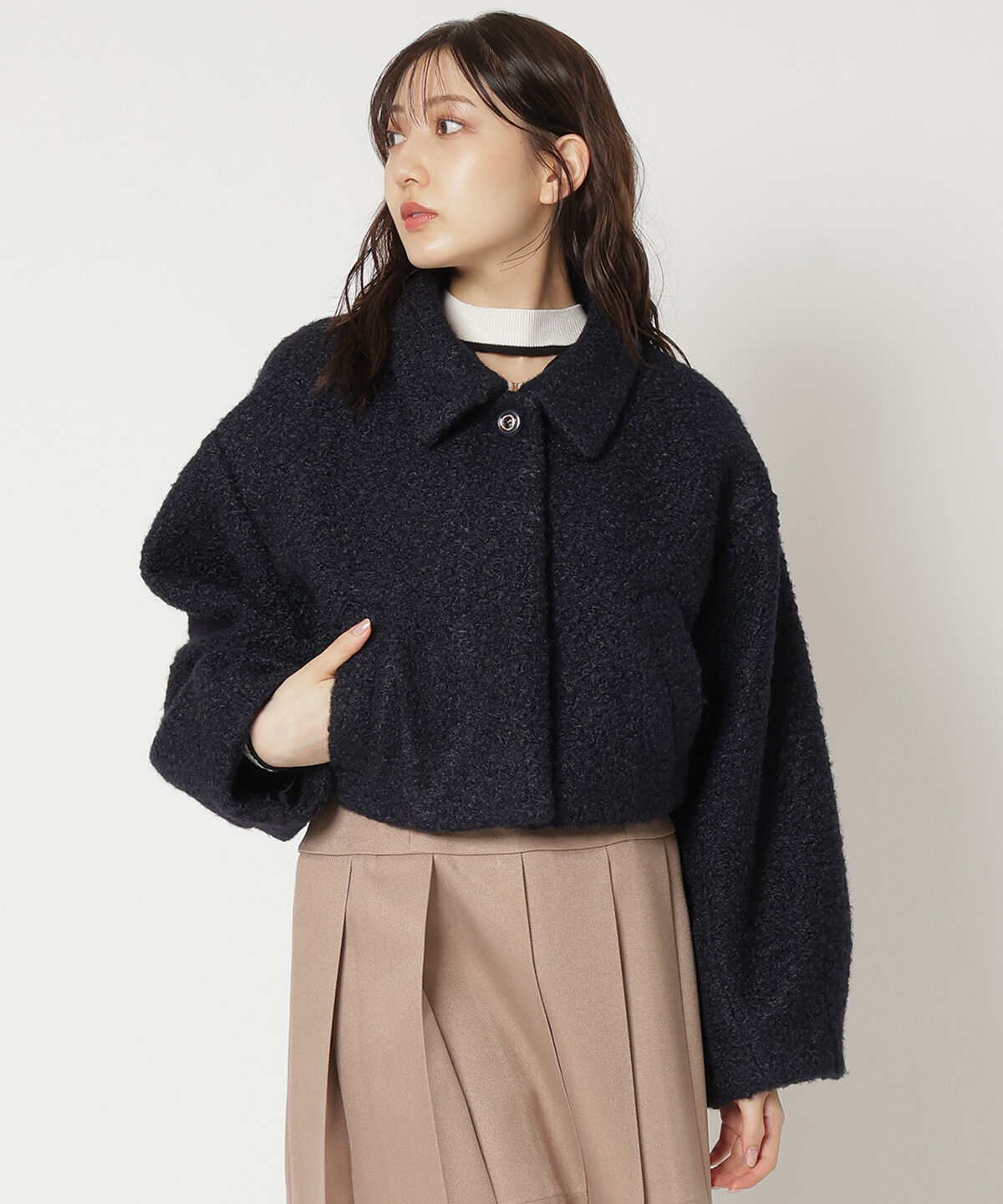 REDYAZEL「ブークレショートコート」|ステンカラーコート|ネイビー