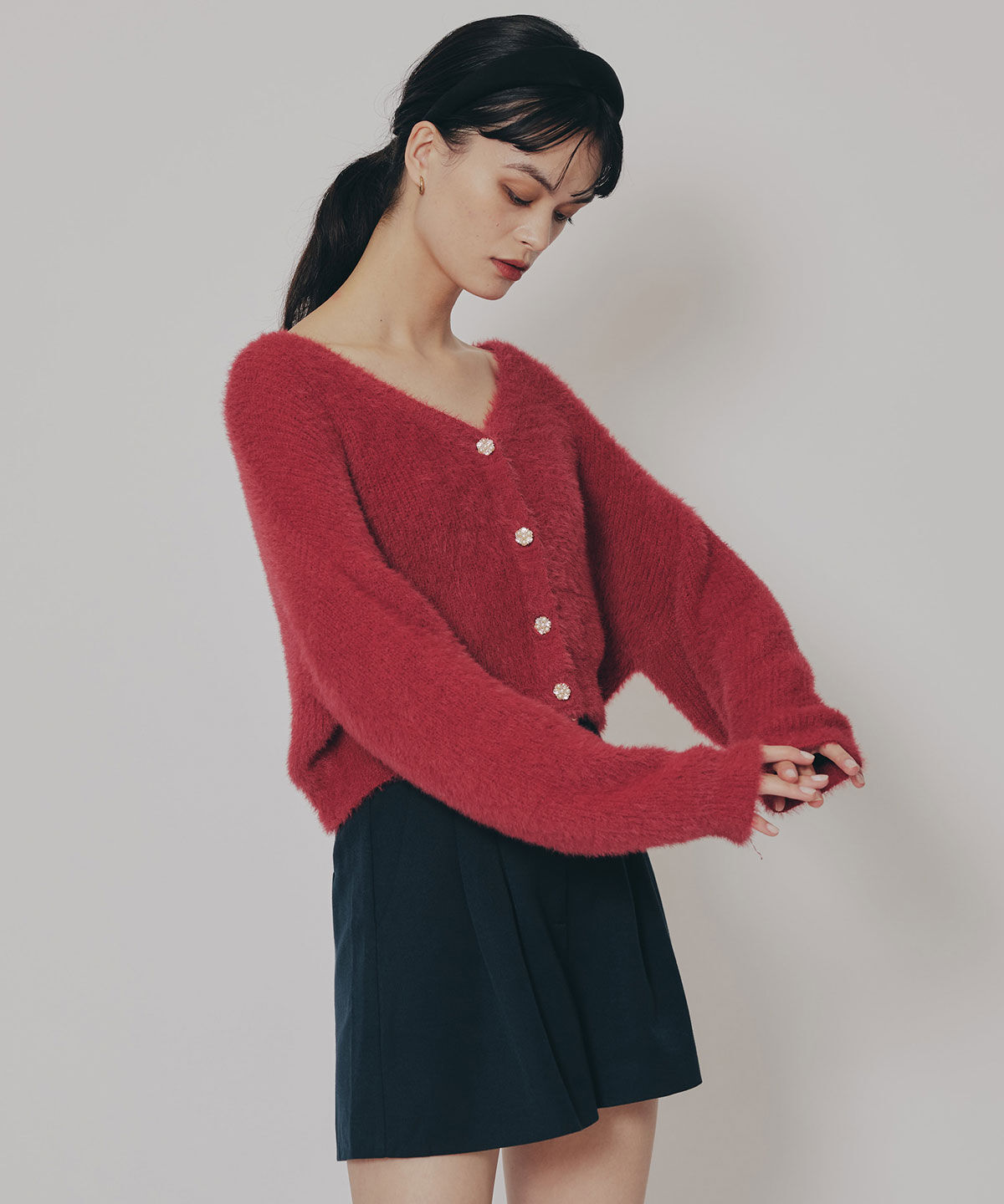 REDYAZEL「フェザーヤーンビジューボタンカーディガン」|カーディガン|