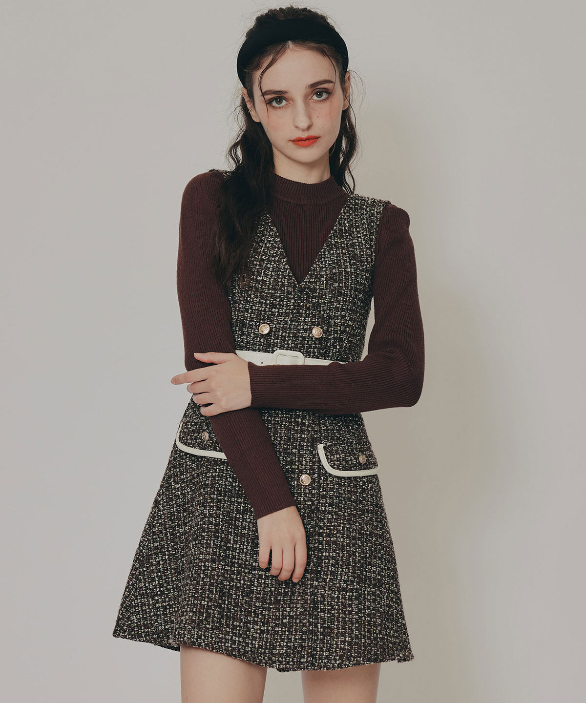 REDYAZEL「ゴールドボタンツイードジャンパースカート」|ジャンパースカート|千鳥(大)