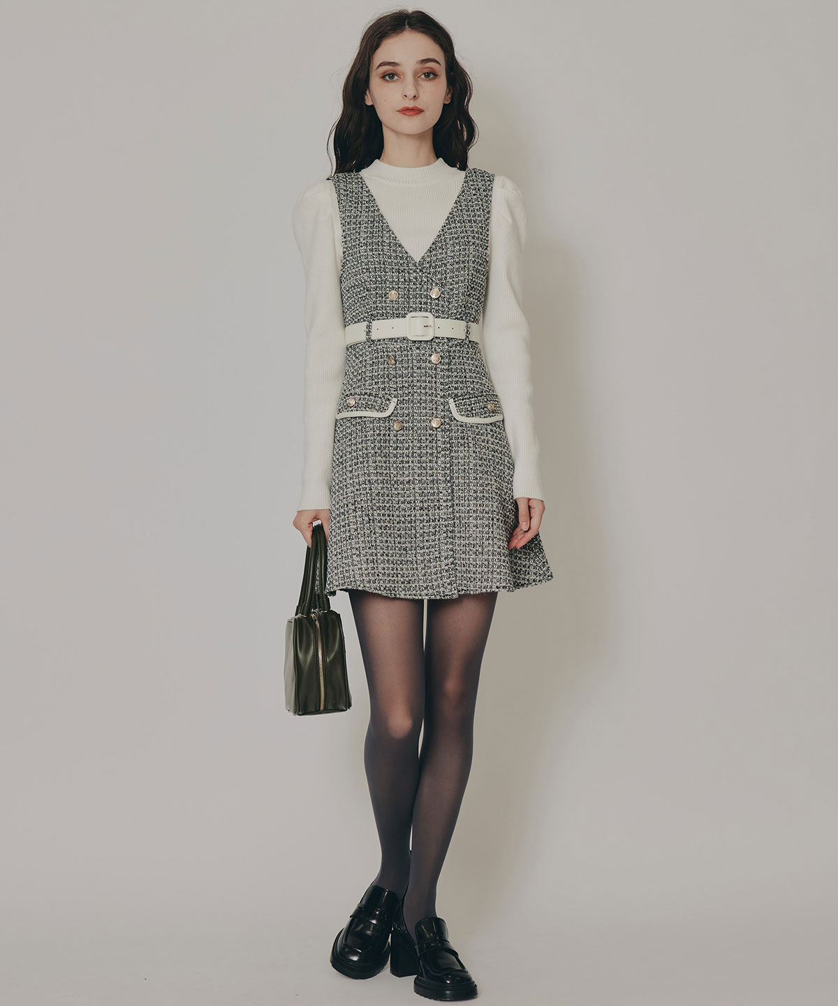 REDYAZEL「ゴールドボタンツイードジャンパースカート」|ジャンパースカート|