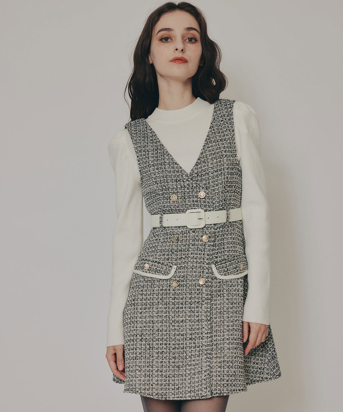 REDYAZEL「ゴールドボタンツイードジャンパースカート」|ジャンパースカート|