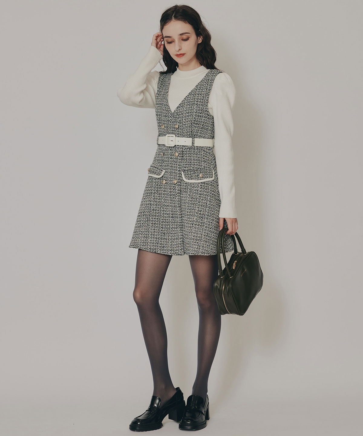 REDYAZEL「ゴールドボタンツイードジャンパースカート」|ジャンパースカート|