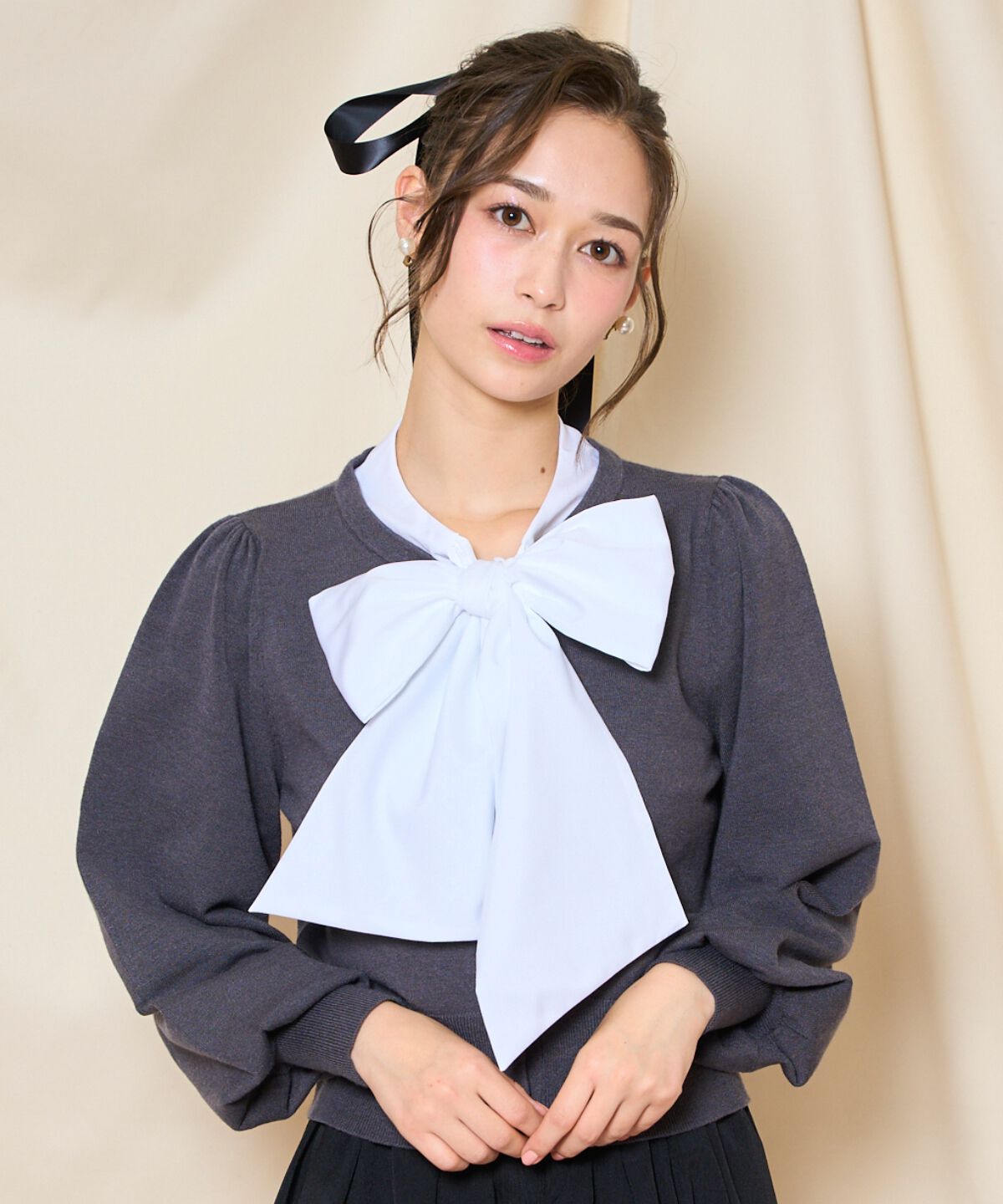 WILLSELECTION「リボンドッキングプルオーバー」|ニット・セーター|ﾁｬｺｰﾙｸﾞﾚｰ