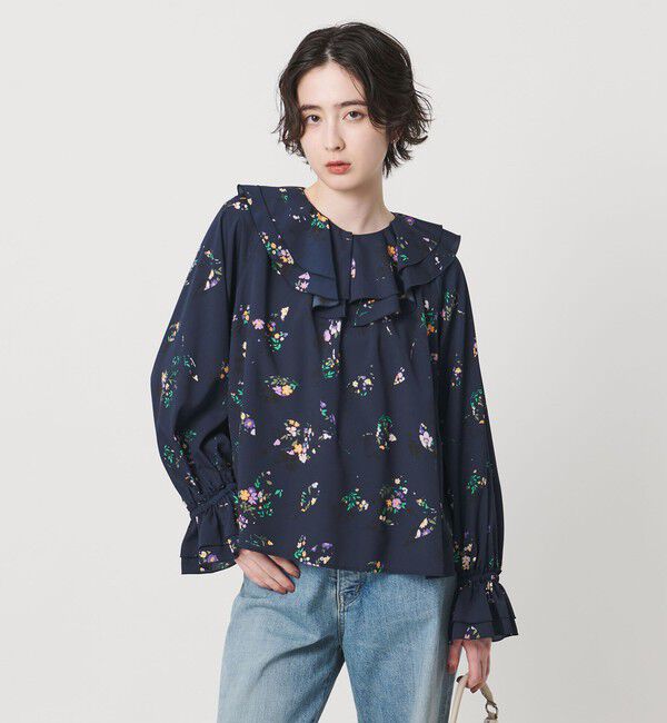 UNITED ARROWS「フラワー プリント ブラウス ‐ウォッシャブル‐」|シャツ・ブラウス|NAVY