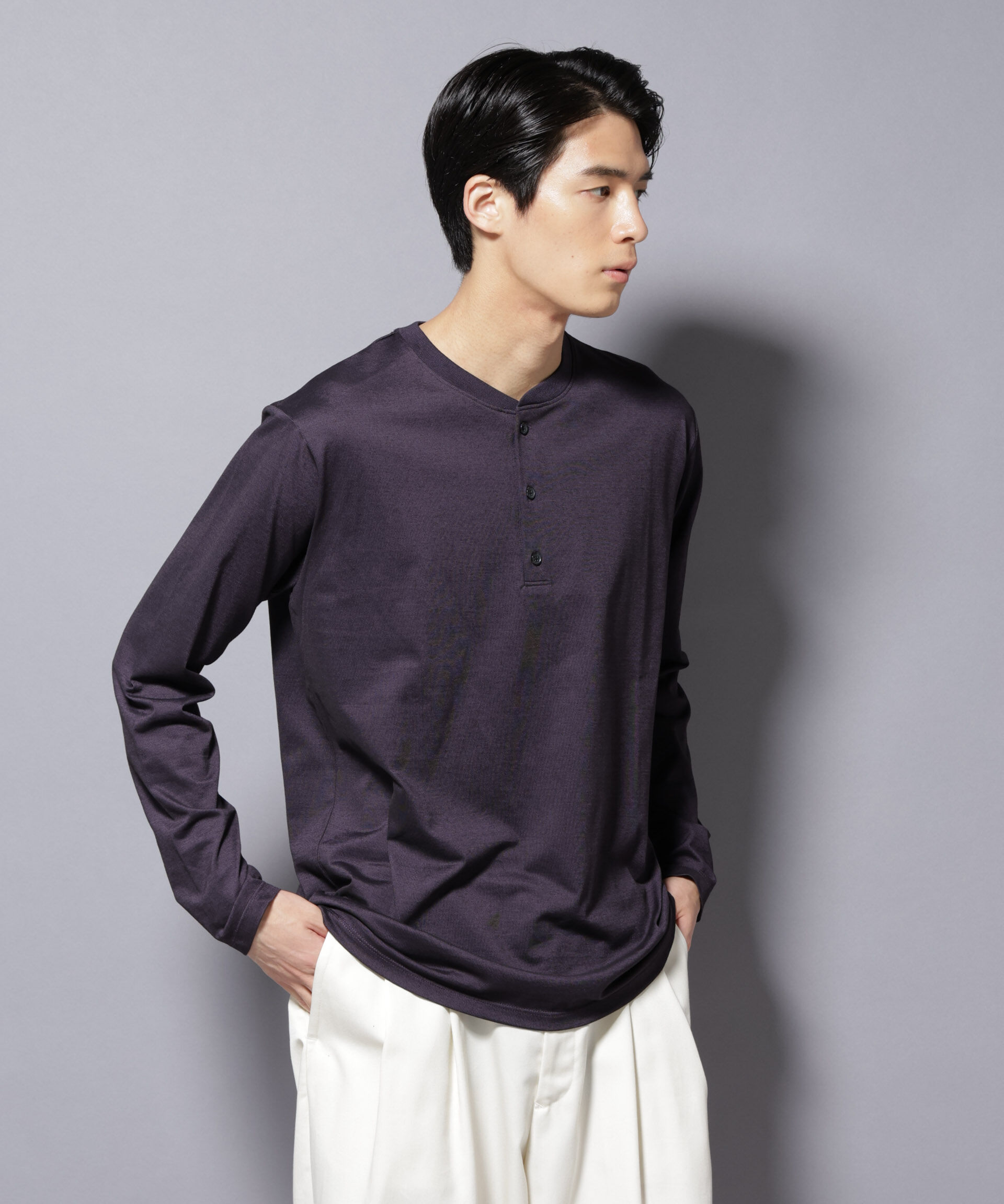 nano･universe「ソラーロライトストレッチヘンリーネックTシャツ 長袖」|Tシャツ・カットソー|ネイビー