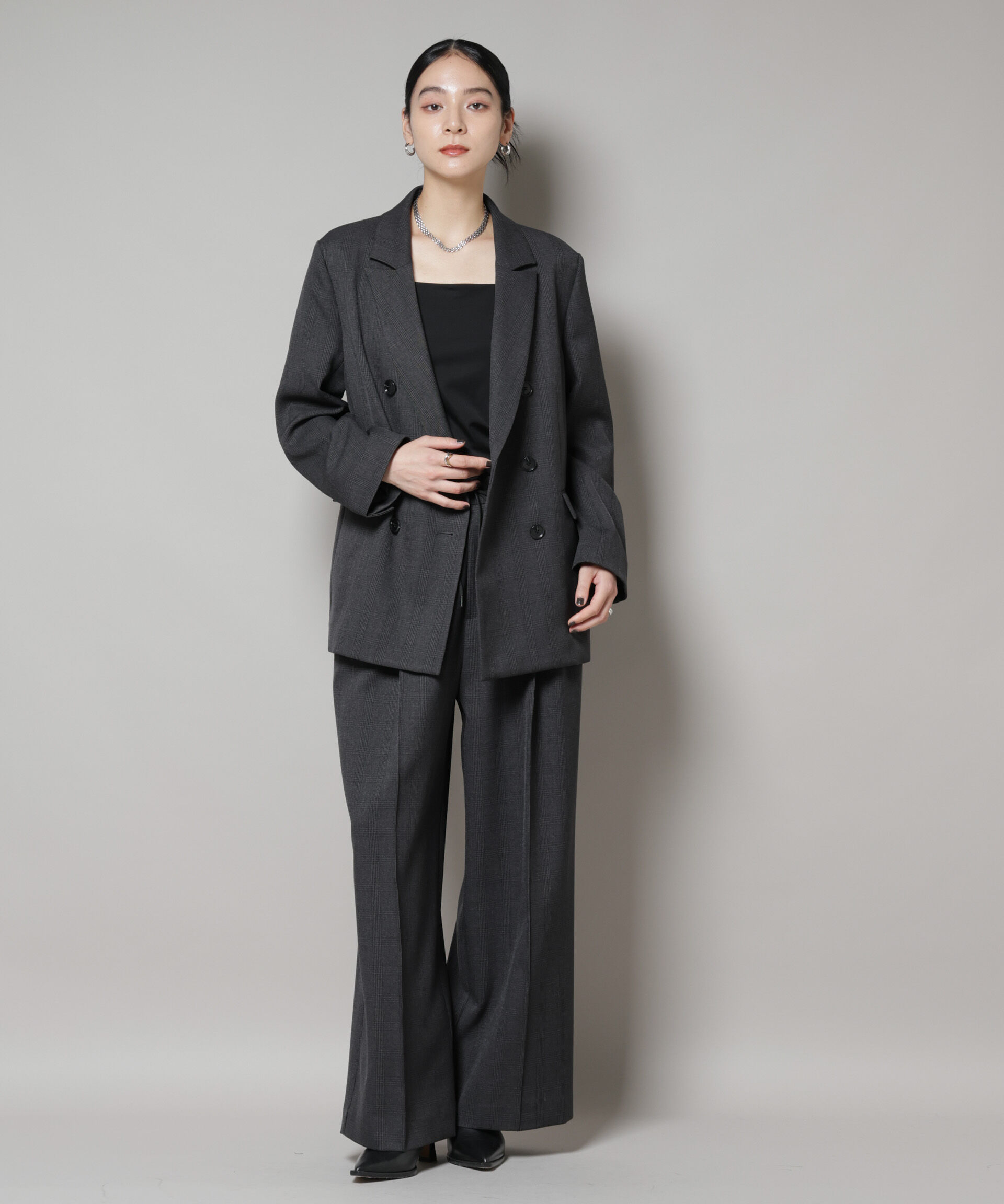 nano･universe「ストレッチサージチェックダブルジャケット(セットアップ可)」|テーラードジャケット|