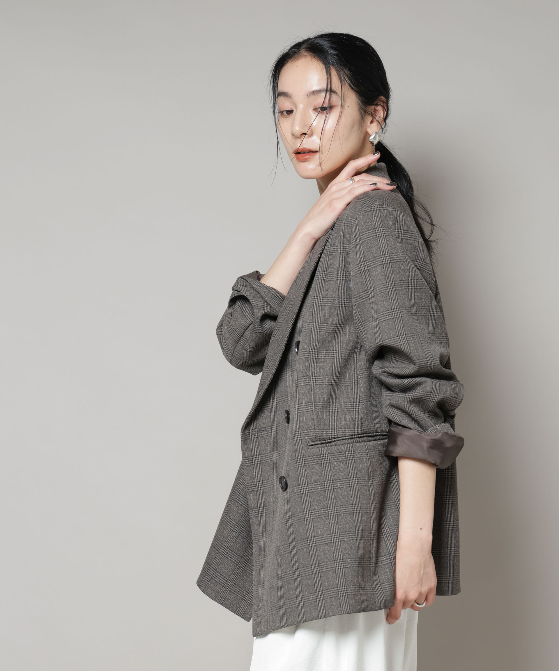 nano･universe「ストレッチサージチェックダブルジャケット(セットアップ可)」|テーラードジャケット|