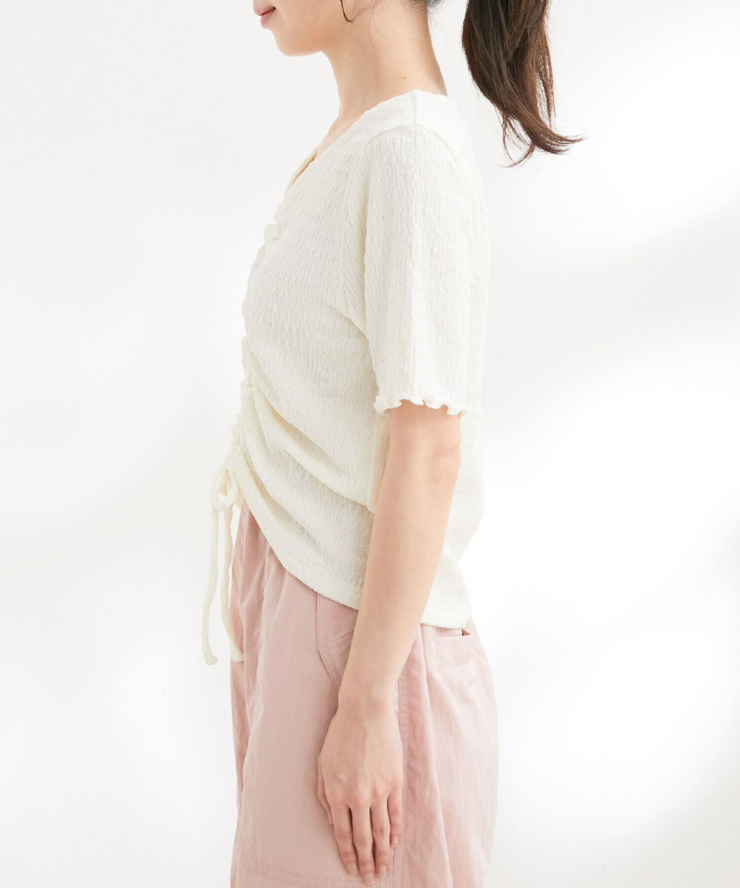 VIS「【洗える】ぽこぽこフロントシャーリングカットソー」|Tシャツ・カットソー|