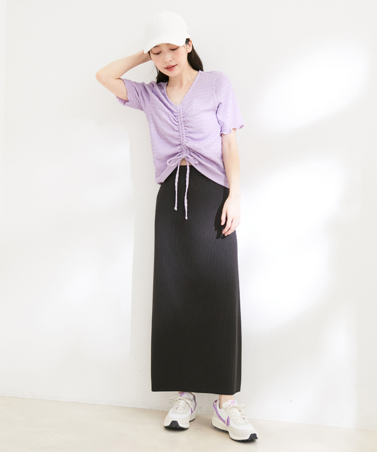 VIS「【洗える】ぽこぽこフロントシャーリングカットソー」|Tシャツ・カットソー|