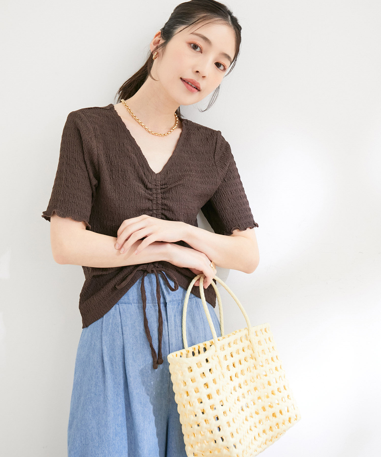 VIS「【洗える】ぽこぽこフロントシャーリングカットソー」|Tシャツ・カットソー|