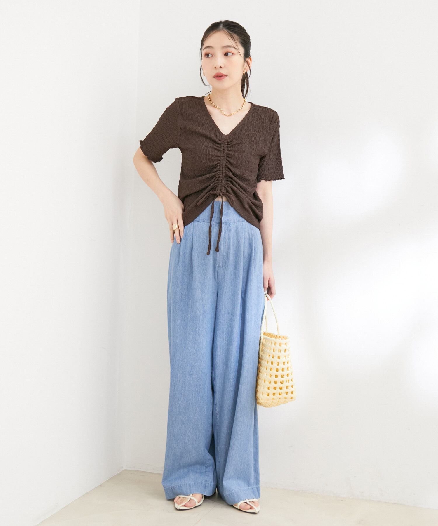 VIS「【洗える】ぽこぽこフロントシャーリングカットソー」|Tシャツ・カットソー|