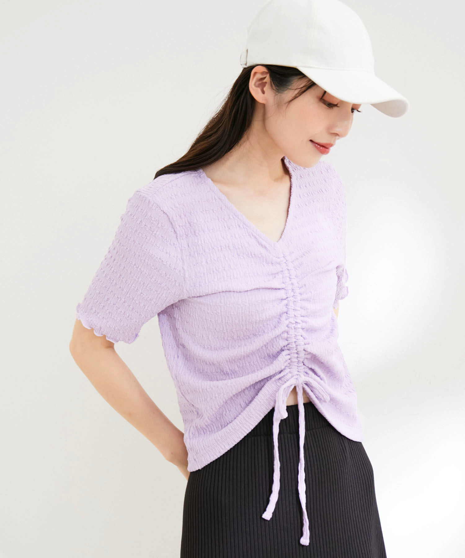 VIS「【洗える】ぽこぽこフロントシャーリングカットソー」|Tシャツ・カットソー|ラベンダー(52)