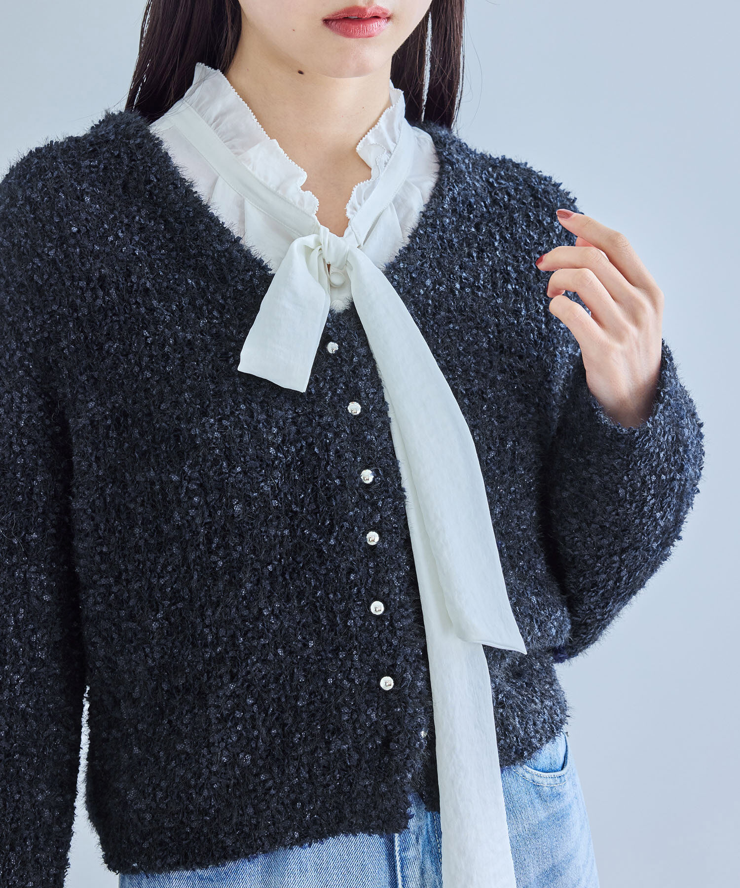 VIS「フェザーリボンヤーン多釦カーディガン」|カーディガン|