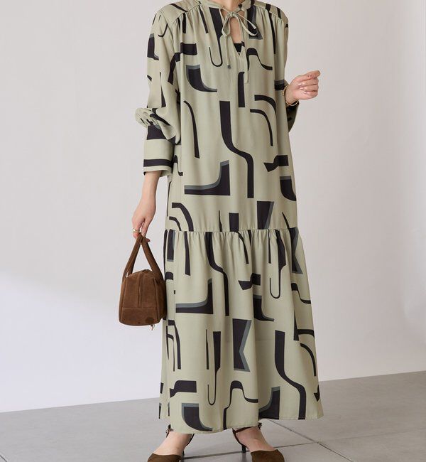  「幾何学柄ワンピース」|ワンピース|カーキ