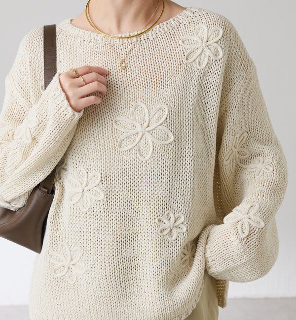  「フラワールーズコットン混ニット」|ニット・セーター|アイボリー