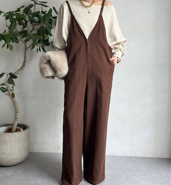  「細紐デニムフロントジップサロペット」|ワンピース|