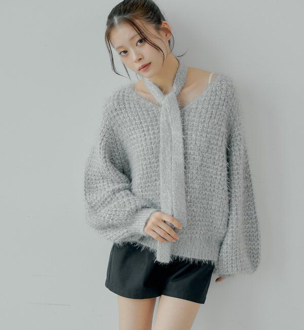  「タイ付きメランジルーズニット」|ニット・セーター|