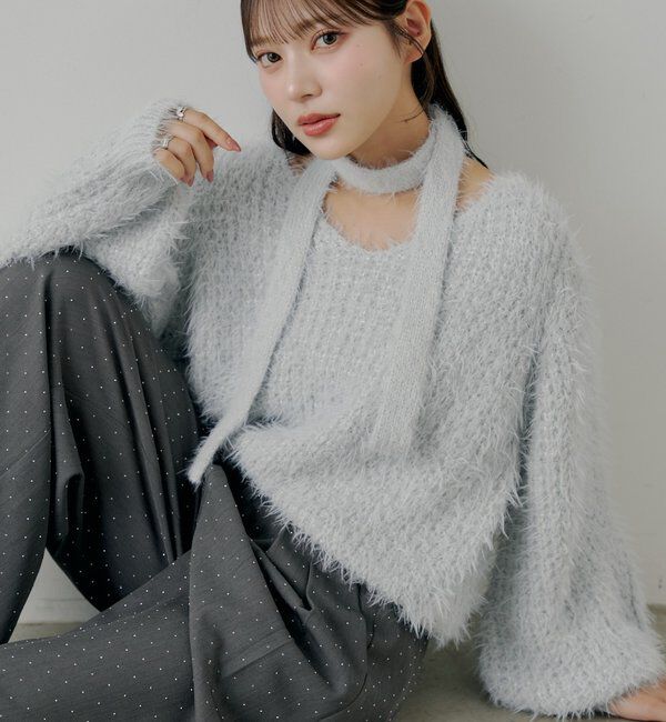  「タイ付きメランジルーズニット」|ニット・セーター|ブルー