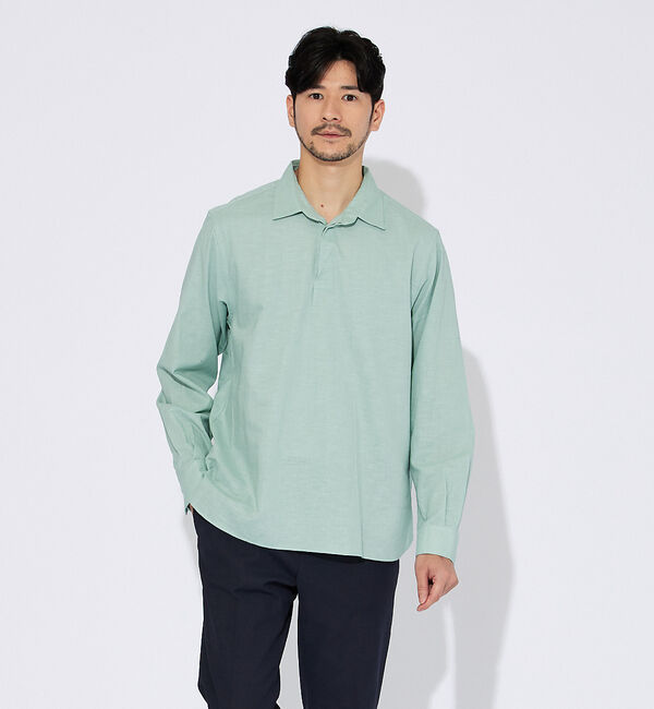 ABAHOUSE「コットンリネン 比翼 プルオーバーシャツ」|シャツ・ブラウス|セージグリーン