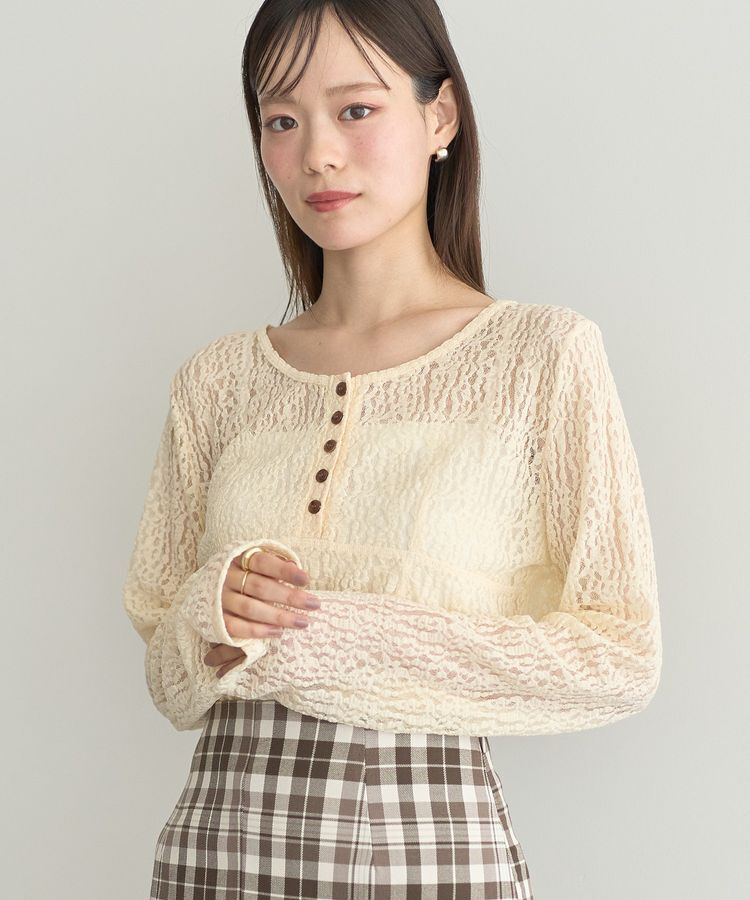 earth music&ecology「フロントボタンレースプルオーバー」|Tシャツ・カットソー|Ivory
