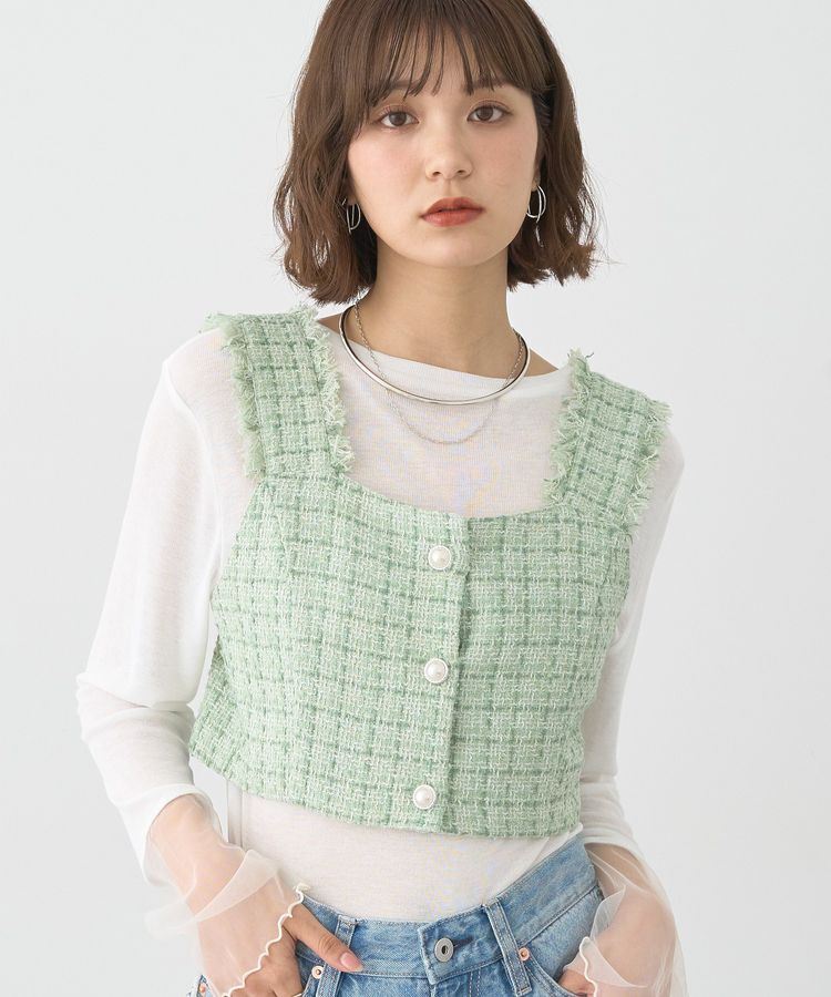 earth music&ecology「フリンジツイードビスチェ」|ベスト・ジレ|Green