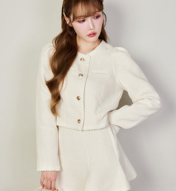  「【セットアップ対応】ノーカラーツイードジャケット」|ダウンベスト・ベスト|アイボリー