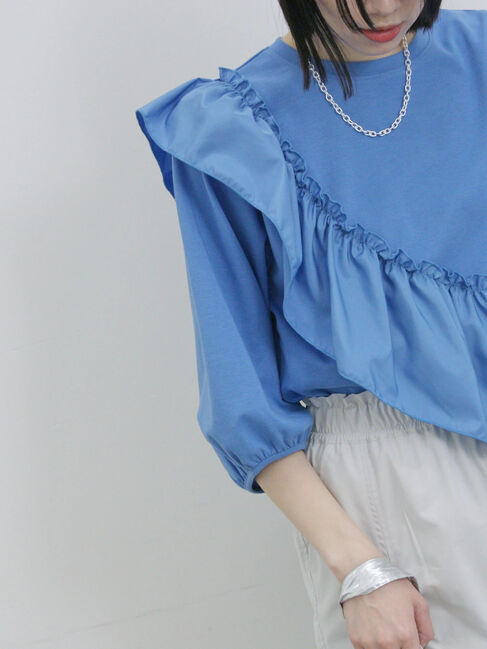 Samansa Mos2 blue「7分袖ドッキングフリルプルオーバー」|Tシャツ・カットソー|