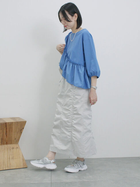 Samansa Mos2 blue「7分袖ドッキングフリルプルオーバー」|Tシャツ・カットソー|