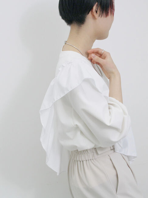 Samansa Mos2 blue「7分袖ドッキングフリルプルオーバー」|Tシャツ・カットソー|