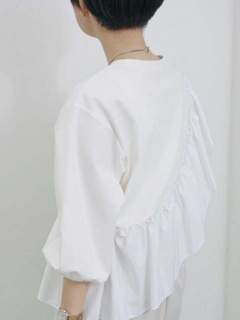 Samansa Mos2 blue「7分袖ドッキングフリルプルオーバー」|Tシャツ・カットソー|