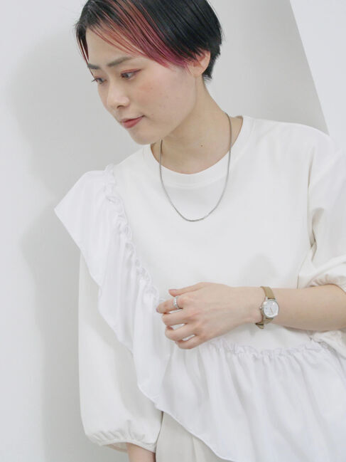 Samansa Mos2 blue「7分袖ドッキングフリルプルオーバー」|Tシャツ・カットソー|