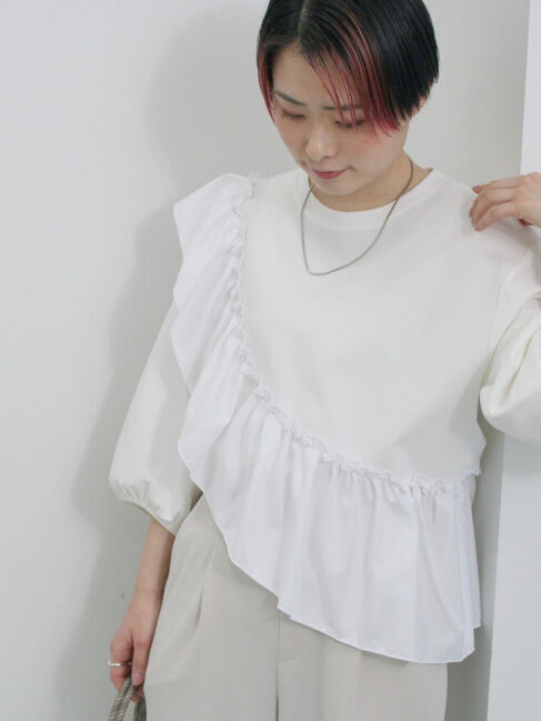 Samansa Mos2 blue「7分袖ドッキングフリルプルオーバー」|Tシャツ・カットソー|