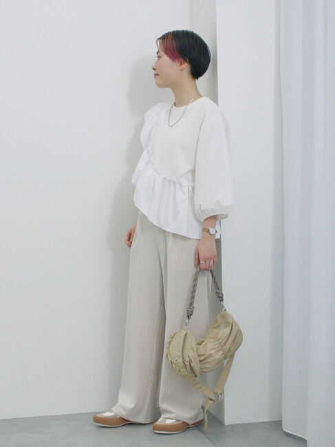 Samansa Mos2 blue「7分袖ドッキングフリルプルオーバー」|Tシャツ・カットソー|