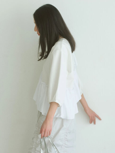 Samansa Mos2 blue「7分袖ドッキングフリルプルオーバー」|Tシャツ・カットソー|