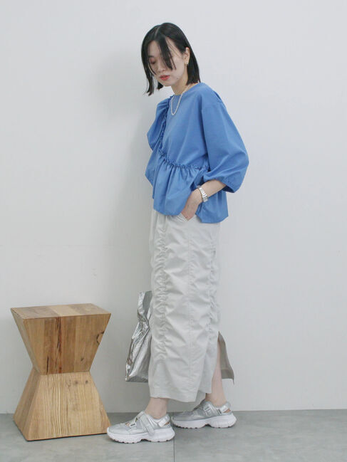 Samansa Mos2 blue「7分袖ドッキングフリルプルオーバー」|Tシャツ・カットソー|