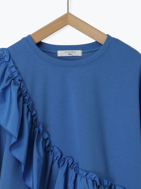 Samansa Mos2 blue「7分袖ドッキングフリルプルオーバー」|Tシャツ・カットソー|