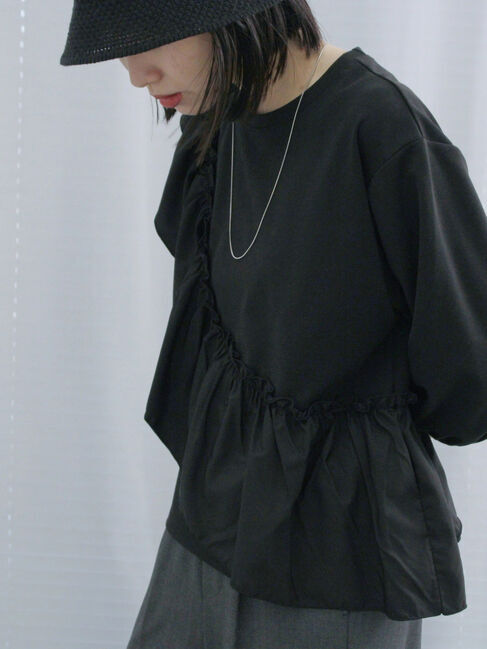 Samansa Mos2 blue「7分袖ドッキングフリルプルオーバー」|Tシャツ・カットソー|